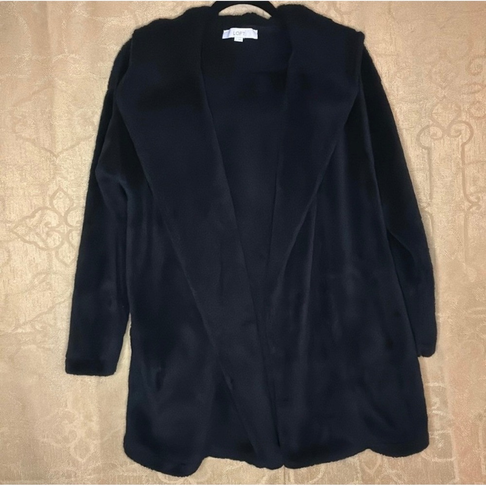LOFT Black Sherpa Hooded Open Front Coat M Teddy Minimal Winter Streetwear Cozy